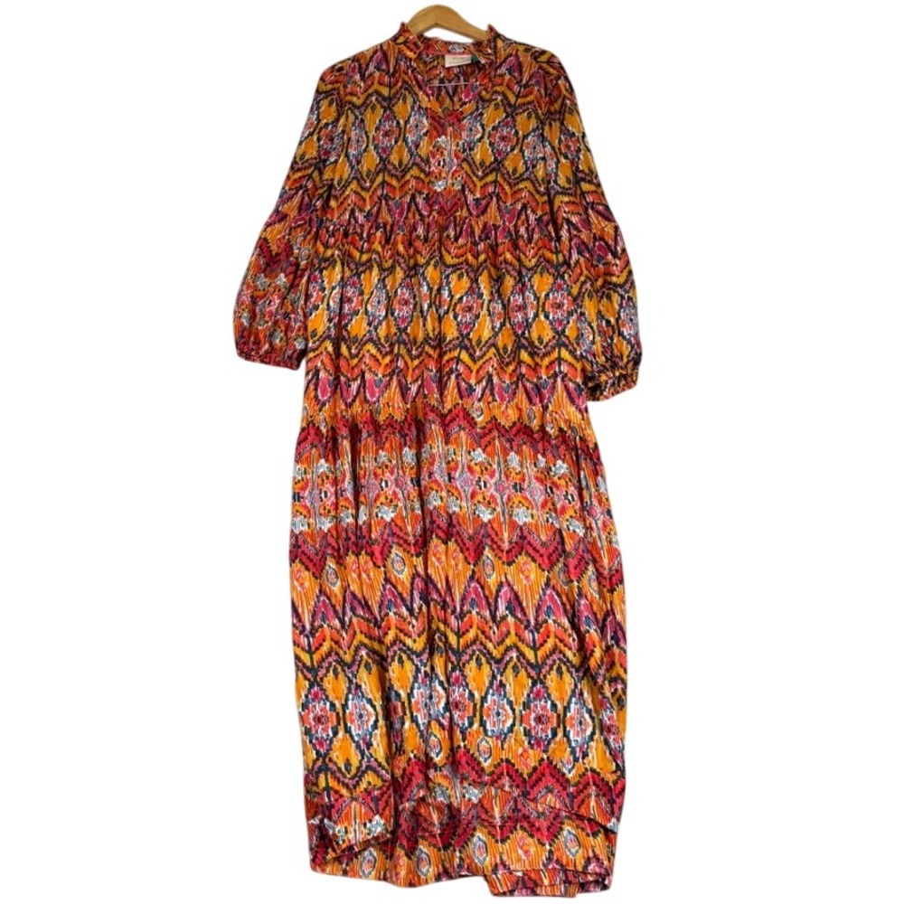 Maeve Anthropologie Orange Ikat Geometric Tiered Maxi Dress Long Sleeve Boho 1X